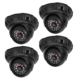 PORFOYO 4 Pièces Caméra Factice Extérieur, Caméra Surveillance sur Batteries Dummy, LED Rouge Clignotante, Rotative 360° pour Intérieur & Extérieur, avec Panneaux Avertisseurs CCTV