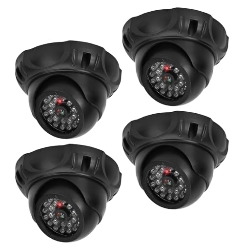 PORFOYO 4 Pièces Caméra Factice Extérieur, Caméra Surveillance sur Batteries Dummy, LED Rouge Clignotante, Rotative 360° pour Intérieur & Extérieur, avec Panneaux Avertisseurs CCTV