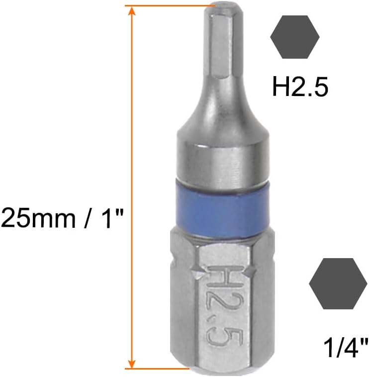 HARFINGTON 8pcs H2.5 Hex Screwdriver Bit 2.5mm 1/4" Hex Shank 1" Length S2 Steel Magnetic Power Drill Bits