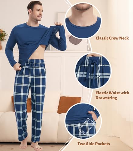 Image of NACHILA Pajamas for Men-Viscose Made from Bamboo, Long Sleeve Pajamas Set Comfy Sleepwear Pants Soft V Neck Pjs with Pockets