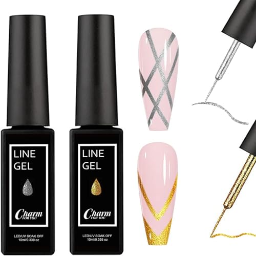 Gel Nail Polish Set - 2Pcs Silver & Gold Gel Nail Polish - 2 Colors Liner Painted Glitter gel nail polish Soak off UV LED - Build in Thin Brush Painting Drawing