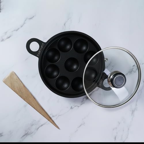 Image of EARTHFIT Cast Iron Appe Pan with Lid and Spatula, Paniyaram Pan, 9 Pit Twin Handle, Durable Paddu Maker Cookware for Traditional South Indian Dishes