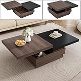 Merax Square Rotatable Top Nesting Coffee Table with Hidden Storage for Living Room Center, Modern Apartment Wood Furniture, Walnut & Black