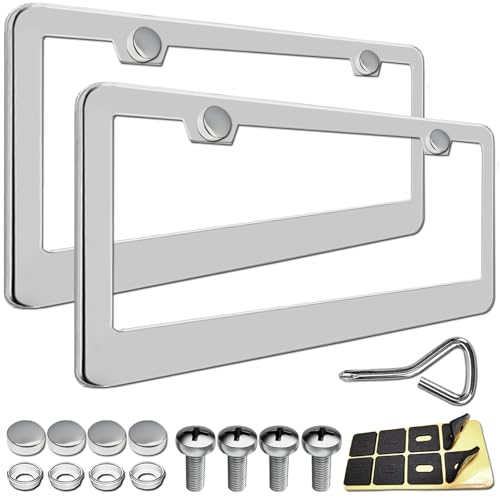 GNSZSN License Plate Frames - 2 Packs Stainless Steel Universal Car Tag Frame for Front and Rear Number Holder with Screws & Chrome Caps