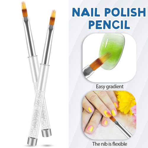 Image of 2 Pcs Nail Ombre Brush Nail Gradient Painting Brush Nails Art Brushes Manicure Tools with Rhinestone Handle UV Gel Polish Drawing Pen for Nails Design