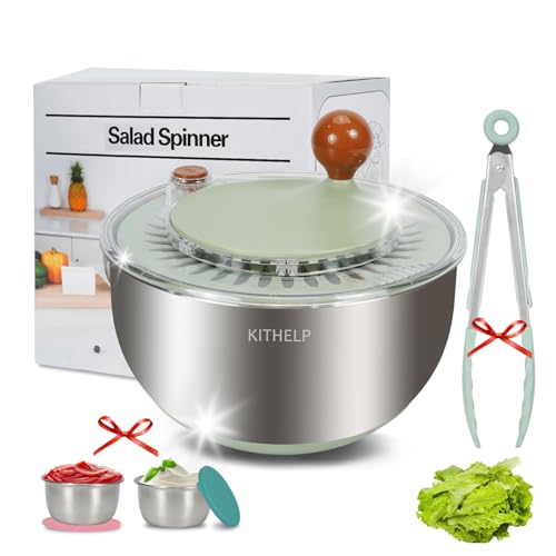 KITHELP Stainless Steel Salad Spinner Large, Vegetables Fruits Wash Bowl with Strainer, Lettuce...