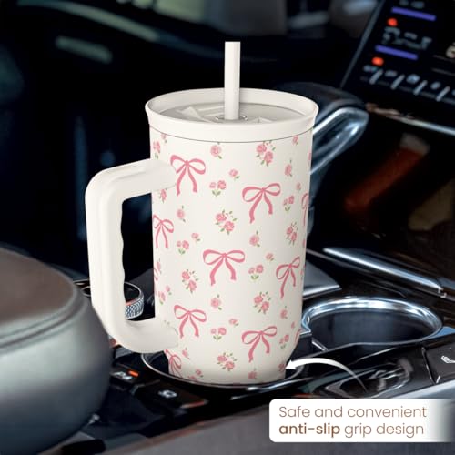 Image of Bow Tumbler with Handle 40oz, Stainless Steel Insulated Tumblers Coffee Travel Cup with Slider Straw Lid, Gifts for Women Teen Girls Birthday