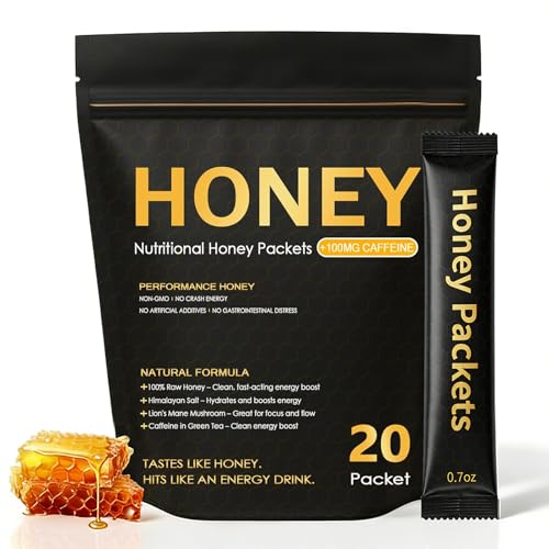Nutrition Honey Packets Organic Honey Energy Packets with Green Tea Caffeine Himalayan Salt and Lions Mane Mushroom Workout Gels for Exercise Running & Hiking 20 Pack