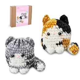 HOUSE CREATIVITY Chenille Crochet Kit for Beginners, Make 2 Ultra-Soft Cat Plushies, Amigurumi Crochet Starter Kit with Video Tutorial, Plush DIY Craft Kit with Chenille Yarn, Hook, Eyes & Stuffing