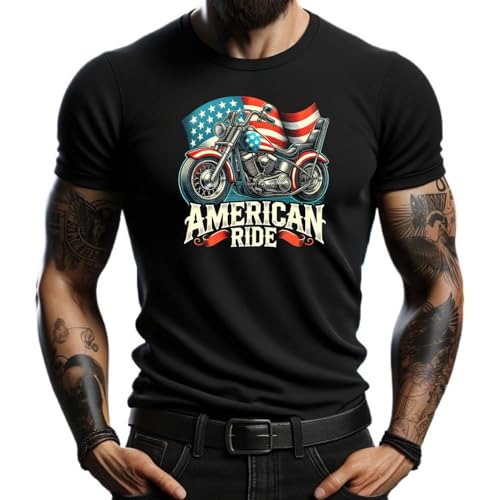 4People American Ride - Maglietta nera da uomo con bandiera americana, stile vintage patriottico, 100% cotone, Nero , L