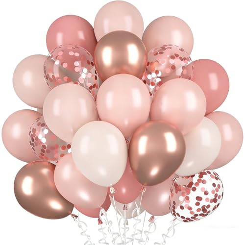 Image of 60Pcs Pink Rose Gold Balloons Kit 12 Inch Retro Pink Light Rose Gold Metallic Gold Ivory White Confetti Balloons for Birthday Wedding Bridal Shower Bachelorette Party Decorations Decor