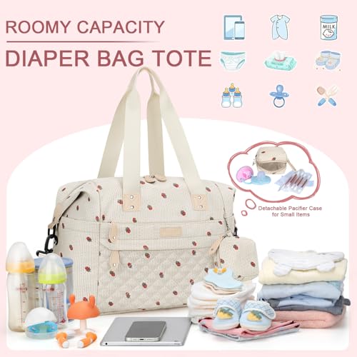Image of Pritent Diaper Bag Tote - Diaper Baby Bags with Pacifier Case, Shoulder Straps, Stroller Clips, Waterproof Large Mommy Maternity Travel Baby Bag for Mom and Dad, strawberry