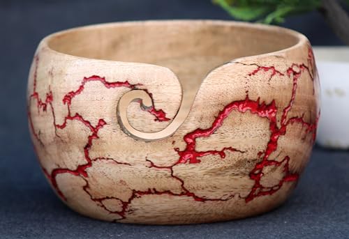 Image of Wooden Yarn Bowl for Knitting, Resin and Wooden Mix Knitting Yarn Holder, Lichtenberg Large Crochet Yarn Holder Best Gift for Knitters