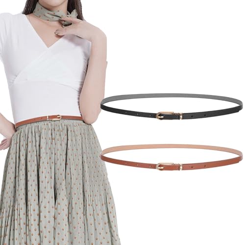 2 Pack Women Skinny Leather Belt for Jeans Dresses Pants Coats Thin Leather Black Brown Waist Belt with Adjustable Gold Metal Buckle for Shirts Sweaters Coats Women Ladies Girls