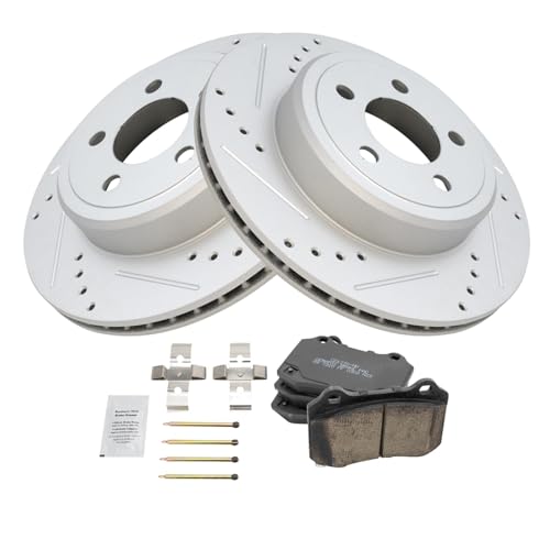 Image of TRQ Performance Rear Brake Pad and Rotor Set Ceramic Coated Drilled Slotted Vented Rotors Compatible with 2011-2018 Dodge Challenger 2014-2018 Charger