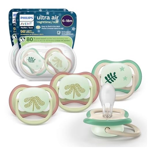 Philips Avent Ultra Air Nighttime Pacifiers - Orthodontic Design, for Babies 6-18 Months, Glow in The Dark, Soft Silicone Symmetrical Nipple, BPA-Free, with 2 Sterilizing Cases, 4 Pack, SCF376/37
