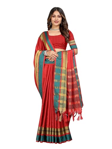 Image of Sidhidata Women's Cotton Blend Saree With Unstitched Blouse Piece (Payal Red Red Free Size)