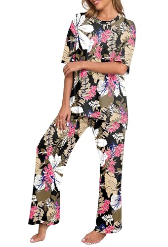 Image of PrinStory Womens Pajamas Sets 2 Piece Lounge Set Short Sleeve Tops and Long Pants Soft Pjs Loungewear with Pockets