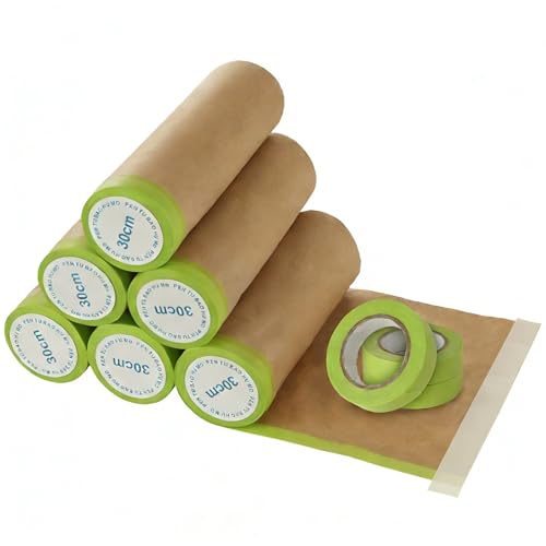 Image of 6 Rolls 12 inch x 50 ft Pre-Taped Masking Paper, Tape and Drape Painters Paper, Paint Masking Paper for Painting Cars and Auto Body, Floor Protection, Wall Covering