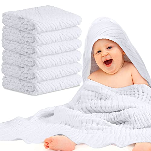 Image of Chumia 6 Pieces Muslin Hooded Baby Towels for Newborn Girls Boys 32"x 32" Cotton Infant Bath Towel Absorbent Unisex Hooded Blankets for Babies Toddler, Newborn Registry Baby Gift (White)
