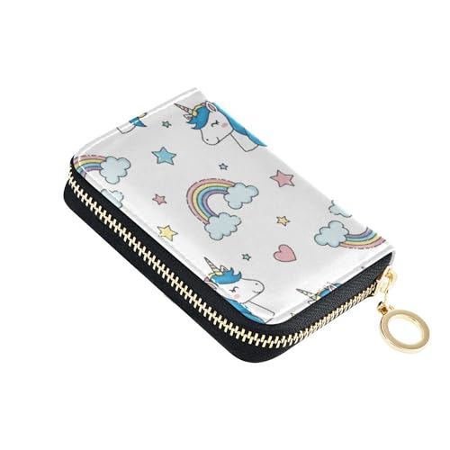 Card Holder Wallets RFID Blocking Women's Wallets Small Leather Zipper Wallet with Coin Pouch Cartoon Cute Rainbow Horses White