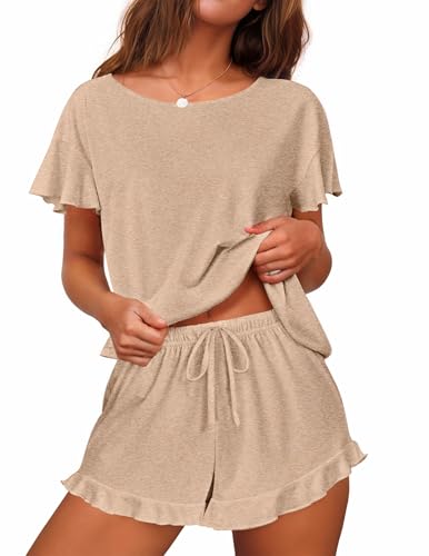 Image of Ekouaer Women's Pajama Set Ruffle Sleeves Top and Short Soft 2 Piece Loungewear Set Khaki