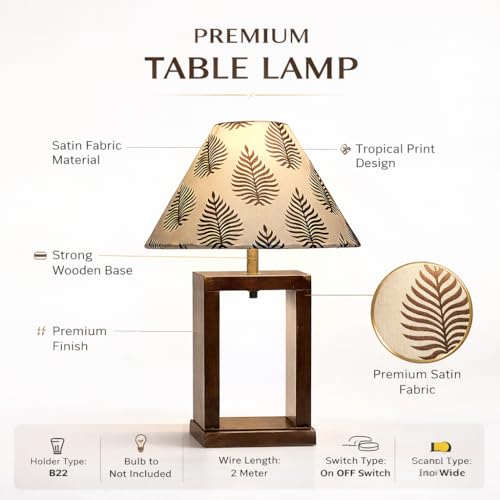 Image of tu casa Mango Wood Table Lamp | Cobra Saffron Print Satin Shade Bedside Lamp for Bedroom Living Room Study | Decorative Wooden Home Decor Lighting & Gifting