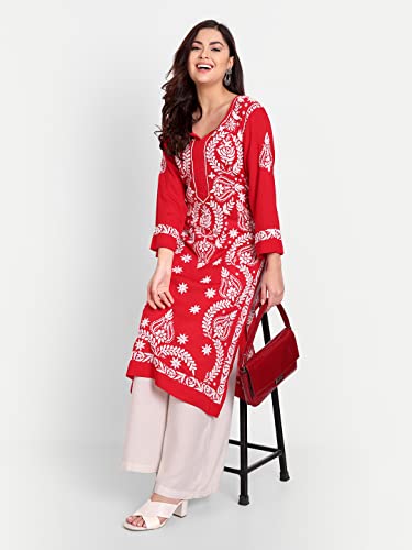 Image of indiankala4u Women's Hand Embroidered Chikankari Kurta for Women | Modal Cotton Straight Kurti | Lucknowi Chikan Work Ethnic Kurta | Full Sleeve Festive Office Wear