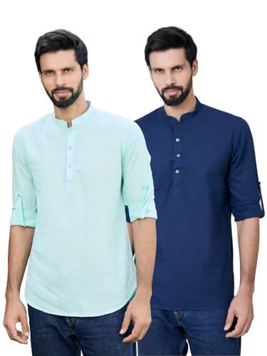 Image of See Designs Men's Roll-Up Sleeve Mandarin Collar Deluxe Cotton Solid Short Kurta (Pack of 2) - Festive Collection