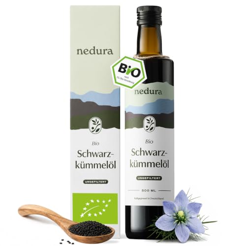 nedura BIO Schwarzkümmelöl kaltgepresst (ungefiltert) 500ml aus eigener Manufaktur in Deutschland nur Erstpressung | Thymochinongehalt je Charge mit QR-Code auf der Flasche