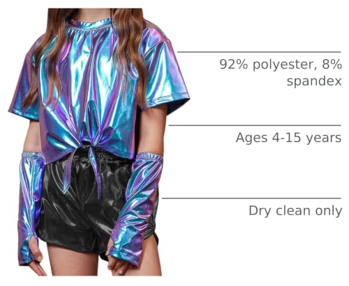 Image of Perfashion Girls Metallic Shirts Shiny Tie Front Knot Crop Top with Arm Sleeves for Dancing Raves Festivals 4-15 Years