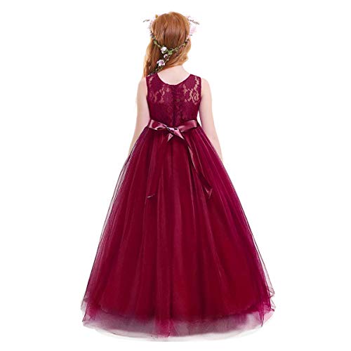 Big Girls Tulle Lace Princess Bowknot Dress Flower Girl Wedding Communion Evening Birthday Party Dress 4-14T2
