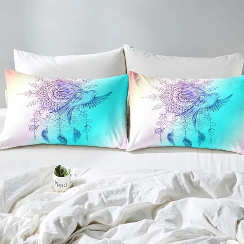 Parure de lit bleu vert enfant avec housse de couette plumes exotiques