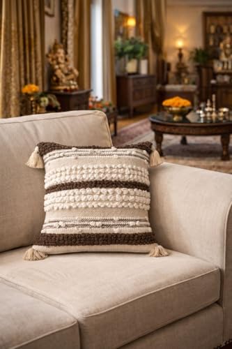 Image of Boho Design Cushion Cover with Tassels, Textured Decorative Throw Pillow Cover, Beige White Brown, 16x16 Inch