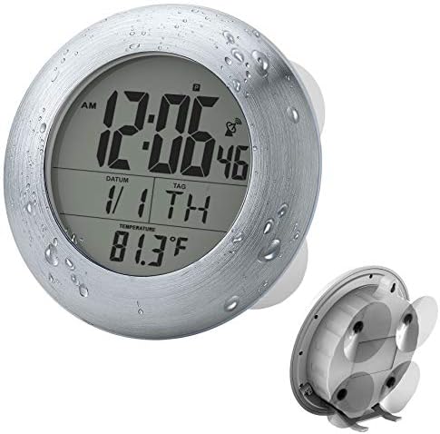 Sonnet Shower Clock for Bathroom and Kitchen - Large Digital Display Shows Time, Date, Day of The Week and Temperature. Large Suction Cups, Hanging Hole, and Removable Stand - White