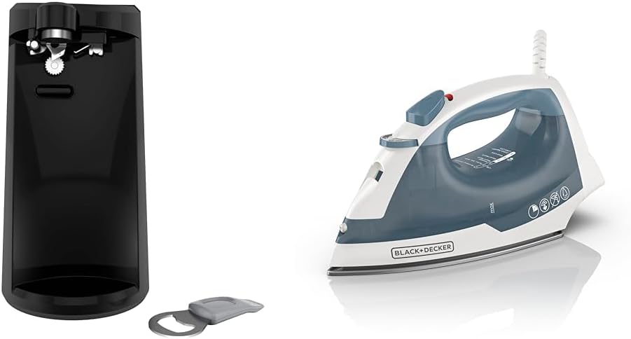 BLACK+DECKER EasyCut Extra-Tall Can Opener EC500B, Removable Multi-Tool & BLACK+DECKER Easy Steam Compact Iron IR40V