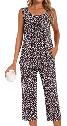 Image of Bestbee Women's Sleeveless Pajama Sets 2 Piece Sleepwear Summer Lounge Outfits Henley Tanks Capri Pants Ladies Pjs