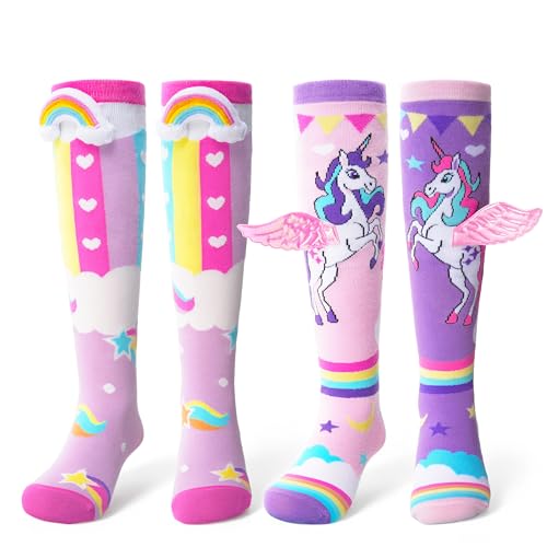 ANTSANG 3D Cute Knee High Socks for Girls Kids 2 Pairs Funny Crazy Long Boot Tall Cotton Socks Mismatched Novelty Stocking(Unicorn Rainbow 3-12 Years)