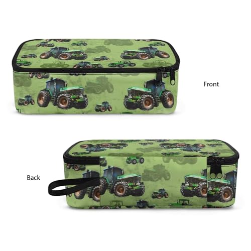 Image of Green Tractor Print Pencil Case for Kids Large Pencil Pouch for Elementary Boys Lightweight Portable Pen Bag with Mesh Pocket for School