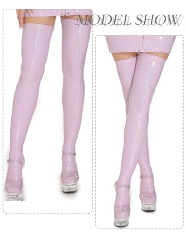 Image of FEOYA Women's Leather Stockings Opaque Oil Shiny Thigh High Hosiery Stocking Glossy Pantyhose Sockings for Party Club