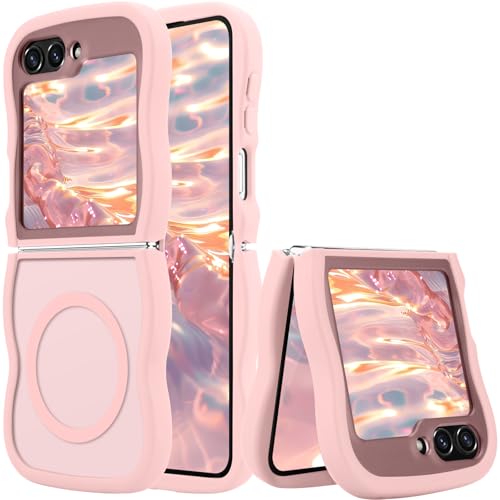 Pepmune Magnetic for Samsung Z Flip6/5 5G Case [Compatible with Magsafe] Translucent Matte Cute Curly Wave Frame Phone Case Soft TPU Bumper Slim Shockproof Protective Cover for Men Women-Pink
