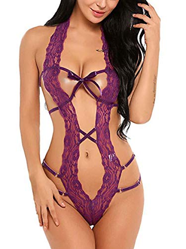 QIROG Damen Lace Bow Mesh Bodysuits Nachtwäsche Bestickter Wein/Weiß/Schwarz SM L-Purple_XXL Cover