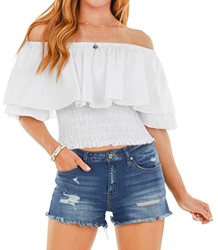 Trendy summer tops for women with ruffled off-shoulder design and smocked waist by Hibluco