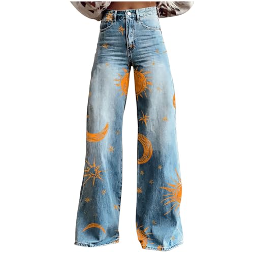 Womens Floral Print Fake Denim Pants Plus Size Casual Graphic High Waisted Strethy Wide Leg Jeans Flare Trousers