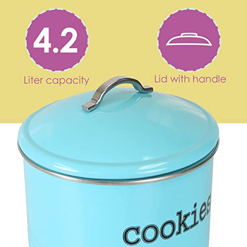 Home-Basics-Vintage-Farmhouse-Round-Cookie-Tin-Turquoise-Metal-Storage-Container-with-Handle-and-Silver-Accents-for-Kitchen-Counter-Ideal-for-Cookies-Brownies-and-Biscotti Home Basics Vintage Farmhouse Round Cookie Tin Turquoise Metal Storage Container with Handle and Silver Accents for Kitchen Counter Ideal for Cookies Brownies and Biscotti