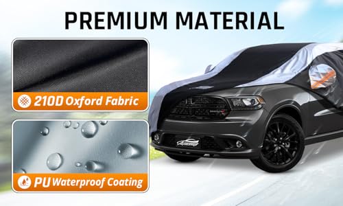 Image of Dodge Durango Car Cover Waterproof All Weather with Silver Strip Design, Custom Fit for Dodge Durango 2005-2025, Durango Accessory with Door Zipper & Windproof Straps