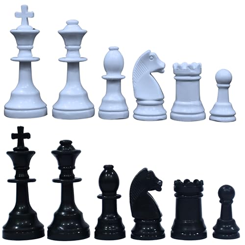 Image of Vinson Chess Men - Set of 32 Pieces | Solid Plastic King-Size Pieces in 3.75 Inches with Storage Bag & Extra Queens for Pawn Promotion | White & Black Color