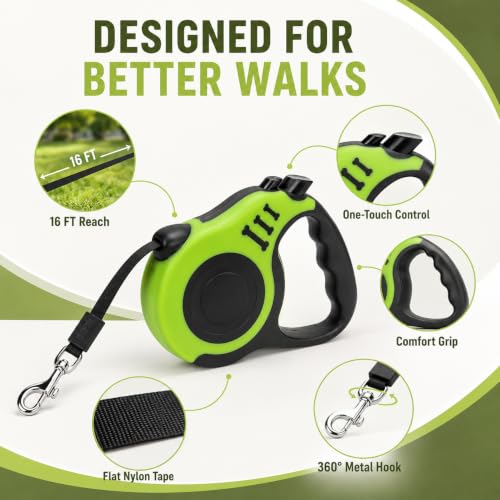 Image of Retractable Dog Leash 16 FT with Lock for Small & Medium Dogs | 16 FT retractable leash with one-touch lock, anti-slip grip, tangle-free tape & 360 hook for daily walks.