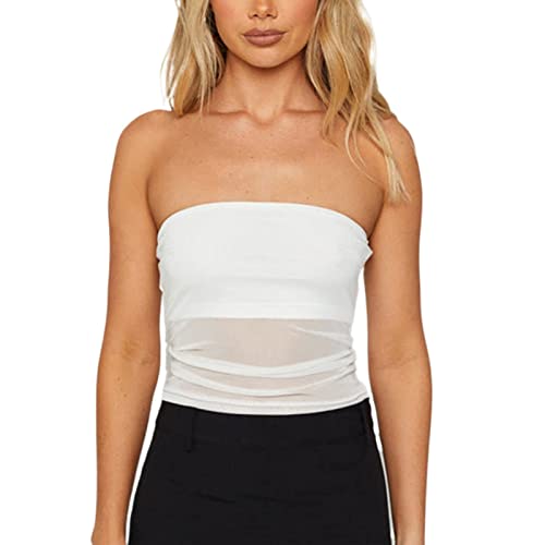 XFLnaraz Camiseta de tubo sexy para mujer, sin tirantes, hombros descubiertos, bandeau, espalda descubierta, estética, delgada, sin mangas, P - blanco, Large