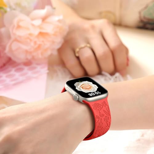 Image of SNBLK 6 Pack Floral Engraved Bands Compatible with Apple Watch Bands 40mm 41mm 42mm 38mm 44mm 45mm 46mm 49mm Women Men, Silicone Flower Pattern Strap for iWatch Series 11 10 Se Ultra 9 8 7 6 5 4 3 2 1